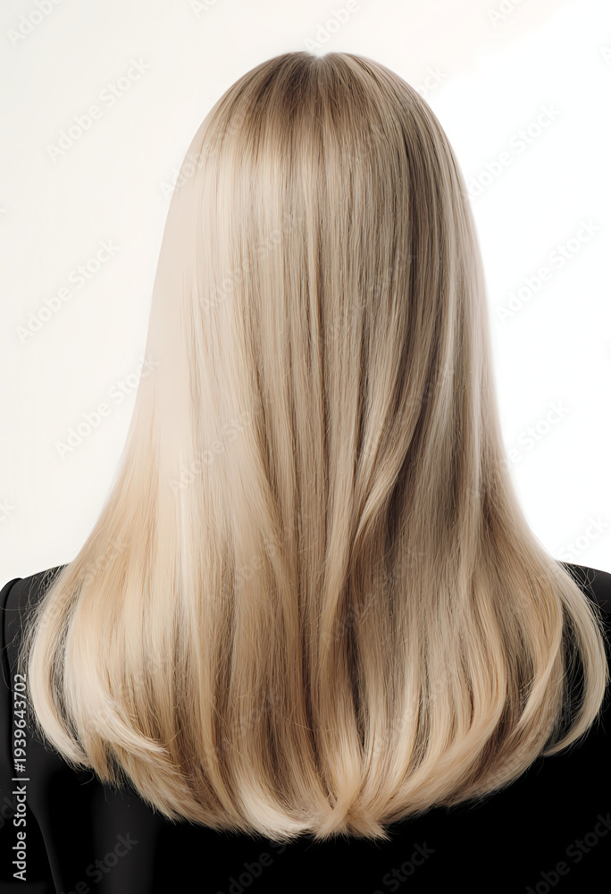 Naklejka premium In a bright, softly lit environment, a person stands with straight blonde hair cascading down their back. The hairstyle reflects elegance and simplicity against a clean backdrop Generative AI