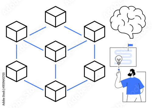 Blockchain, artificial intelligence, innovation, data systems, technology integration, decentralized systems, creative problem-solving. Networked cubes brain icon person with idea board. Blockchain