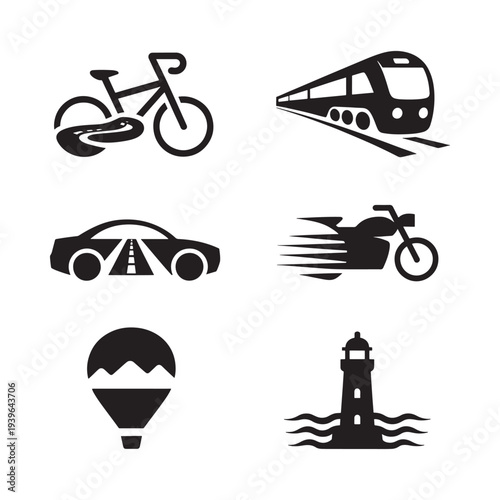 Black silhouettes depicting various modes of transportation and landmarks
