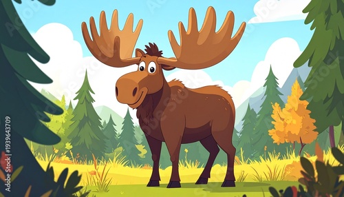 Cartoon Moose in Forest Illustration with Large Antlers.