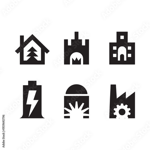 Simple black icons depicting various buildings and symbols arranged in rows