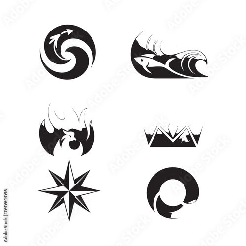 Collection of black tribal designs featuring animals waves and celestial symbols