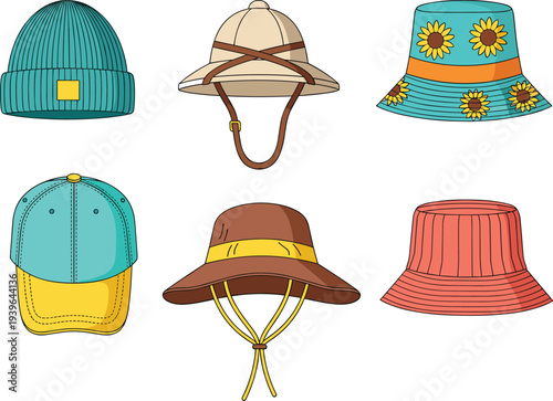 Set of Six Different Hat Styles Including Beanie Pith Helmet Sunflower Bucket Hat Baseball Cap and Sun Hat Isolated on White Background Vector