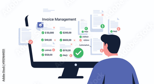 Vector illustration of man managing invoices on computer