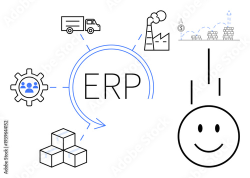 ERP concept. ERP with icons of factory, truck, and workflow symbols, highlighting ERPs role in resource management and efficiency. For business, supply chain, logistics, production management