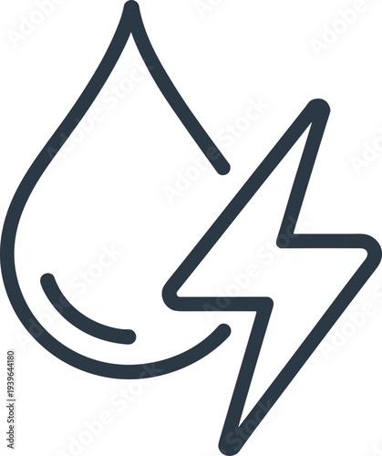 Hydroelectric power icon, water droplet symbol, lightning bolt graphic, renewable energy illustration, sustainability design, electricity generation logo, eco friendly