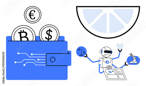 Cryptocurrency, fintech, automation, artificial intelligence, multitasking, technology innovation. Digital wallet with coins and a robot performing multiple tasks. Cryptocurrency and fintech concepts
