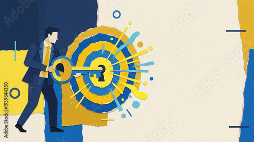 Wallpaper Mural Businessman key target success opportunity abstract concept solution strategy unlock achievement goal vision focus leadership idea innovation modern design paper collage creative splash blue Torontodigital.ca