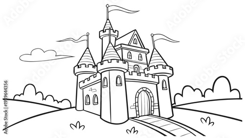 Black and white castle coloring page with towers and flags