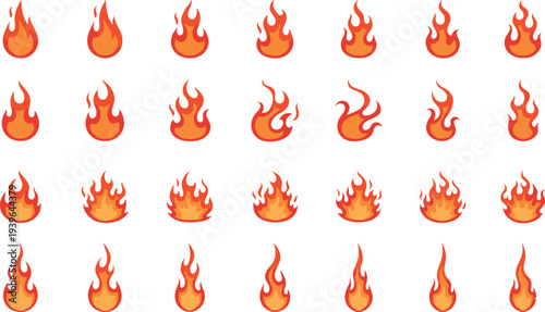 Set of stylized orange fire flames and heat icons in flat vector design for game assets, stickers, and UI.