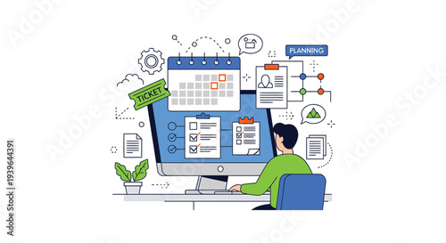 Vector illustration of man working on computer with office icons