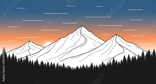 Majestic Snow-Capped Mountain Range Under Sunset Sky.