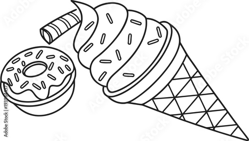 Ice cream cone with sprinkles and donut coloring page waffle cone