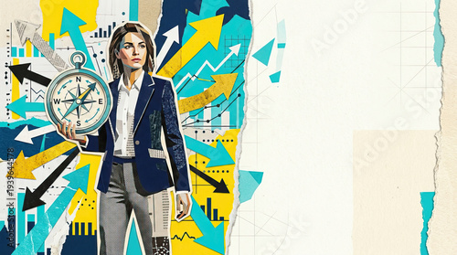 Wallpaper Mural Businesswoman compass arrow growth strategy direction leadership career success guidance confident businesswoman holding compass and standing among colorful arrow symbol of career strategy Torontodigital.ca