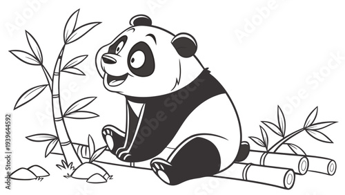 Cute panda sitting smiling with bamboo plants