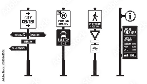 City street sign collection with parking bus stop and pedestrian crossing info vector illustration art