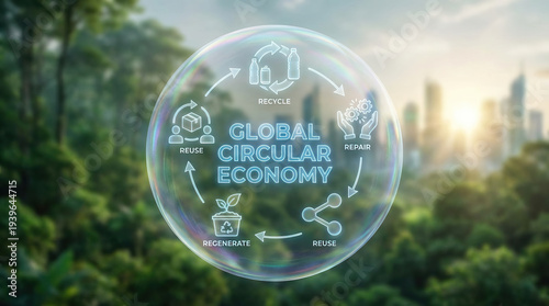 Wallpaper Mural Global circular economy recycle repair reuse regenerate sustainability eco friendly environment future city green forest Global circular economy concept with recycle repair reuse regenerate icons Torontodigital.ca