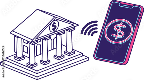 Neon digital banking app with smartphone and bank building dollar sign