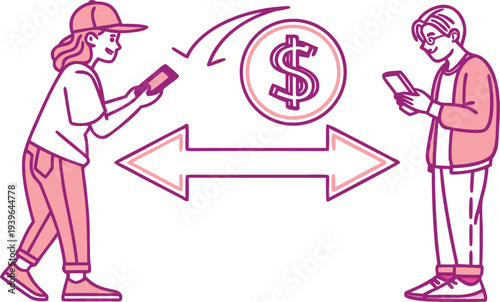 Neon peer to peer payment with two users and dollar sign mobile payment