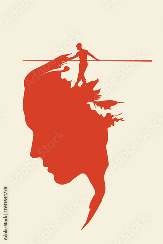 Tightrope Walker Balancing in Head Silhouette: Mind Balance, Trauma Freedom, Growth Progress