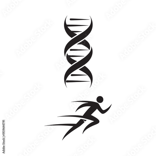 A stylized depiction of dna and a running human figure in black