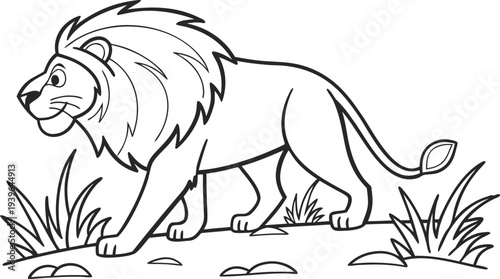 Lion with big mane standing in jungle grass and rocks