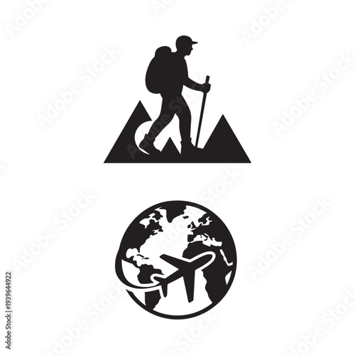 Silhouette of a hiker ascending mountains and a globe with an airplane