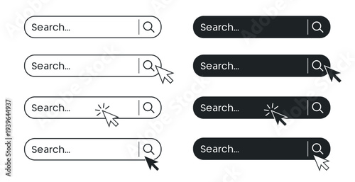 Search bar icons with magnifier and cursor, minimal user interface elements for web and app navigation, line design vector set on transparent background