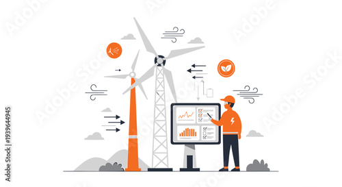 Vector illustration of engineer with wind turbine and infographic