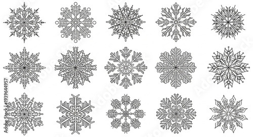 Set of 16 Unique Snowflake Patterns for Design.
