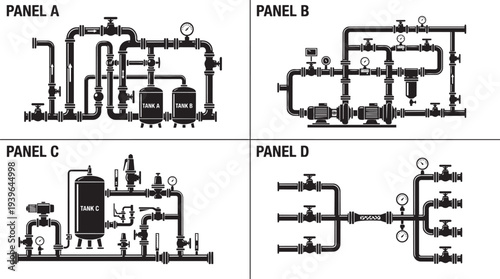 Industrial pipeline system illustration vector diagrams schematic complex machinery fluid