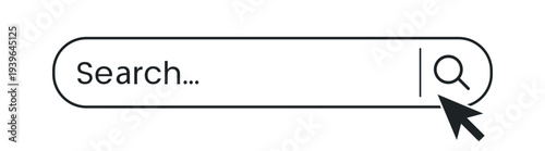 Search bar with magnifying glass icon and cursor click interface element vector illustration isolated on transparent background