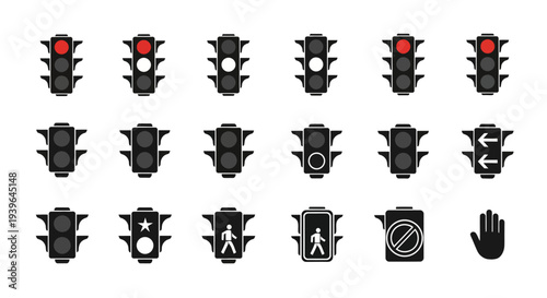 Traffic Light Icons Set: Red, Yellow, Green, Pedestrian Signals, Arrows, Stop Sign