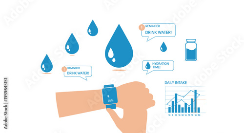 Set of 8 hydration icons vector, smartwatch, water drop, statistics