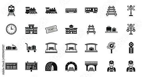 Train Station Icons: Travel, Transport, and Journey Elements Collection