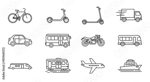 Transportation Icons: Bicycle, Scooter, Car, Bus, Motorcycle, Train, Plane, Ship