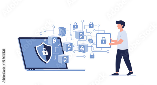Vector illustration of a man holding a secure lock icon, laptop with shield and lock symbols