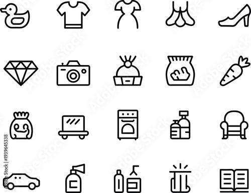 Fashion icons, household items, food symbols, beauty products, vanity mirror, oven appliance, spray bottle, test tube, open book, lifestyle design