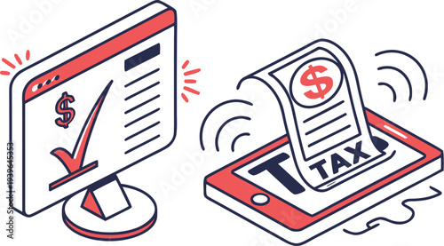 Neon tax payment with document and dollar symbol on computer and mobile phone neon computer