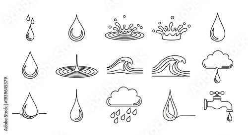 Water Drop Icons Set: Rain, Splash, Waves, Cloud, Faucet - Line Art