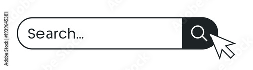 Search bar with magnifying glass icon and mouse cursor click, web interface search field vector illustration on transparent background