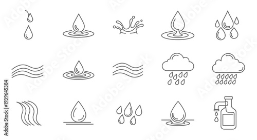 Water Icons: Drops, Splashes, Waves, Clouds, Rain, Tap