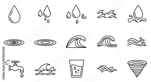 Water Icons Set: Drops, Waves, Tap, Glass, Ripples, Tornado