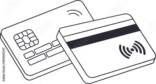 Black and white of two credit cards with chip and stripe payment card chip card contactless payment