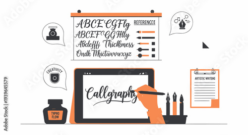 Vector calligraphy illustration set with tablet and tools