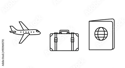 Airplane, Suitcase, and Passport Icons for Travel and Vacation Planning