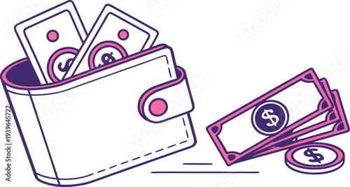 Neon financial wallet with cards and coins money cash