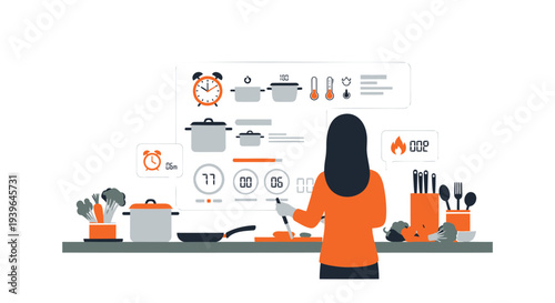 Vector illustration of woman cooking with kitchen utensils and icons