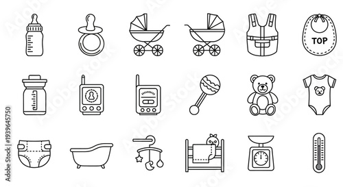 Baby Icons Set: Bottle, Pacifier, Stroller, Clothes, Toys, Bath, Bed, Scale