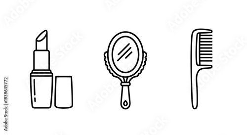 Beauty Essentials: Lipstick, Hand Mirror, and Comb Icons